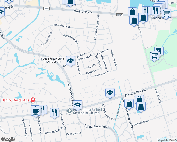 map of restaurants, bars, coffee shops, grocery stores, and more near 2012 Cutter Drive in League City