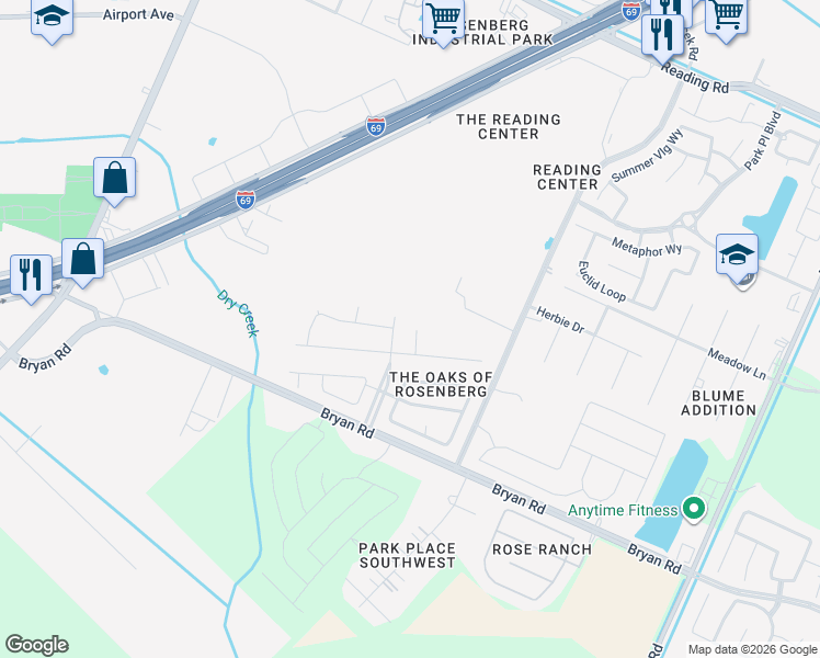 map of restaurants, bars, coffee shops, grocery stores, and more near 2408 Ace Court in Rosenberg