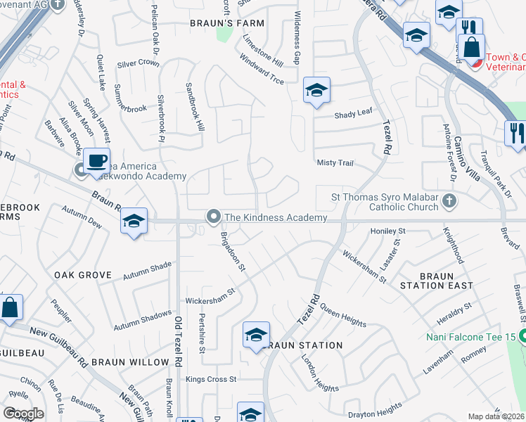map of restaurants, bars, coffee shops, grocery stores, and more near 3 Summer Bluff Drive in San Antonio