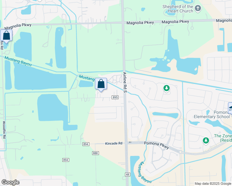 map of restaurants, bars, coffee shops, grocery stores, and more near 2319 Mustang Lane in Rosharon