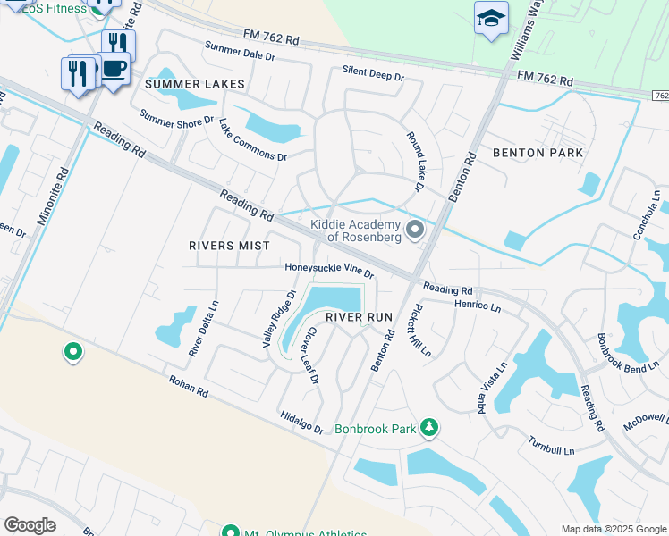 map of restaurants, bars, coffee shops, grocery stores, and more near 518 Honeysuckle Vine Drive in Richmond