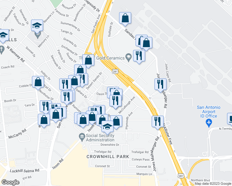 map of restaurants, bars, coffee shops, grocery stores, and more near 777 Isom Road in San Antonio