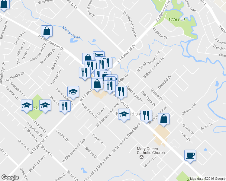 map of restaurants, bars, coffee shops, grocery stores, and more near 201 S Friendswood Dr in Friendswood