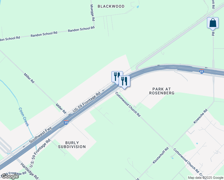 map of restaurants, bars, coffee shops, grocery stores, and more near 2849 Southwest Freeway in Rosenberg