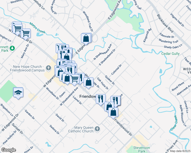 map of restaurants, bars, coffee shops, grocery stores, and more near in Friendswood