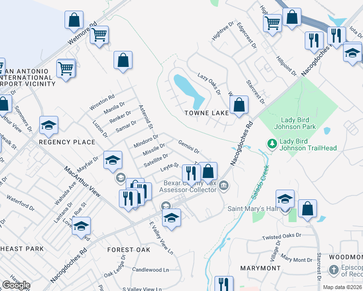 map of restaurants, bars, coffee shops, grocery stores, and more near 9815 Gemini Drive in San Antonio