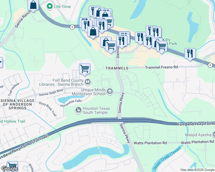 map of restaurants, bars, coffee shops, grocery stores, and more near 8585 Sienna Springs Boulevard in Missouri City