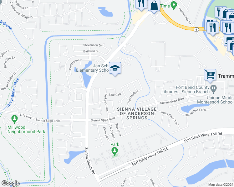map of restaurants, bars, coffee shops, grocery stores, and more near 7511 Blue Gap in Missouri City