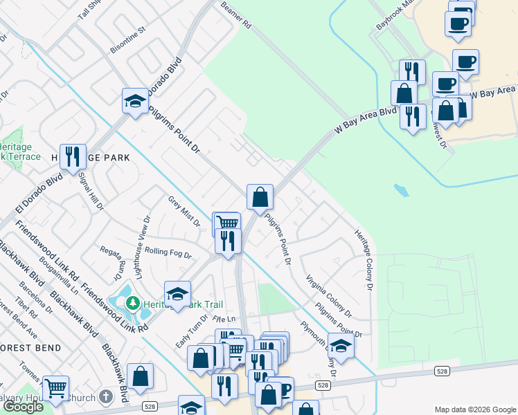 map of restaurants, bars, coffee shops, grocery stores, and more near 2500 Bay Area Boulevard in Webster
