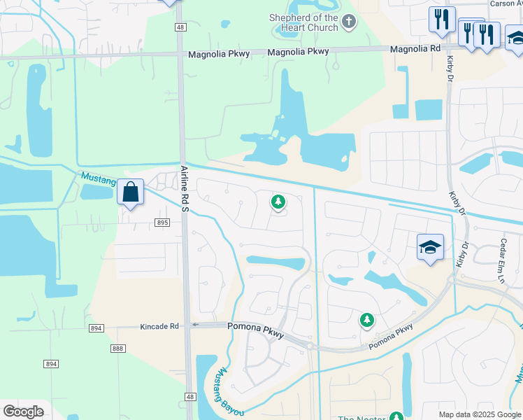 map of restaurants, bars, coffee shops, grocery stores, and more near 2227 Blackhawk Ridge Lane in Manvel
