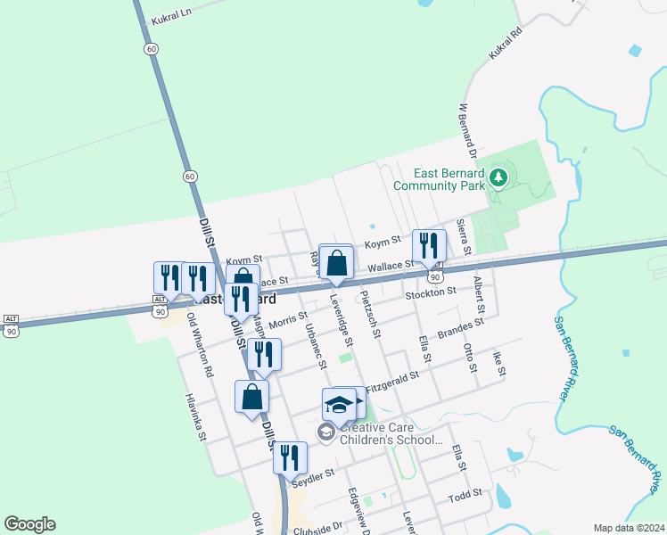 map of restaurants, bars, coffee shops, grocery stores, and more near 626 Wallace Street in East Bernard