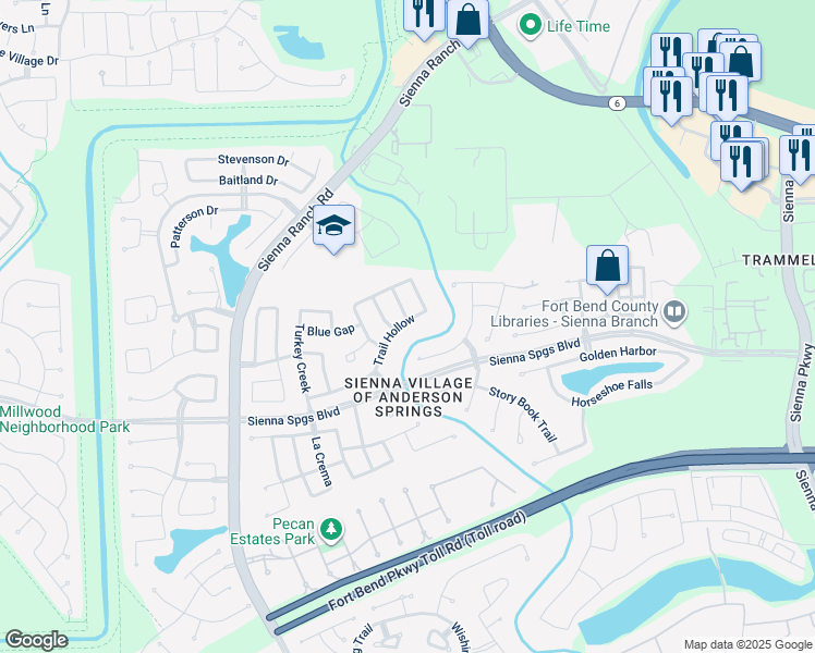 map of restaurants, bars, coffee shops, grocery stores, and more near 7710 Trail Hollow in Missouri City