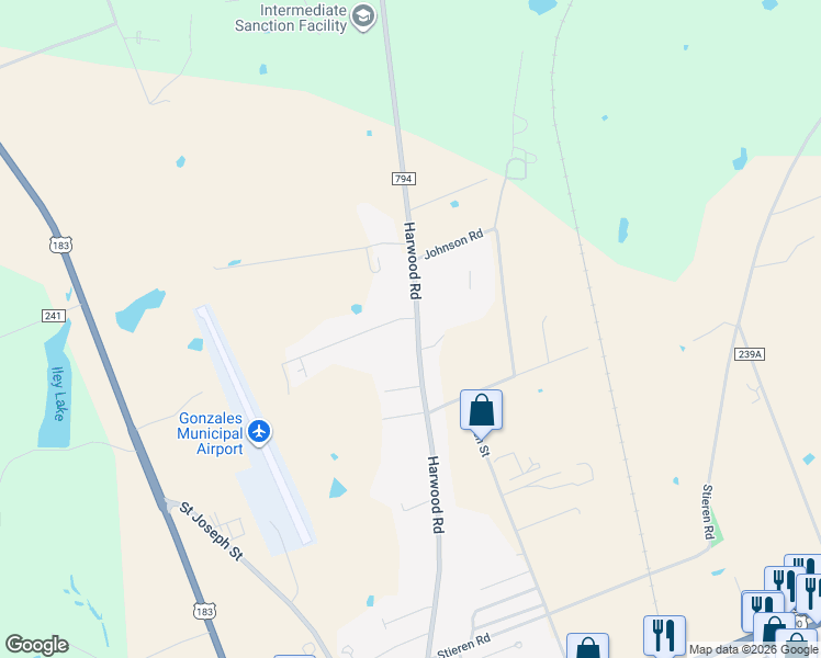 map of restaurants, bars, coffee shops, grocery stores, and more near 3122 Harwood Road in Gonzales
