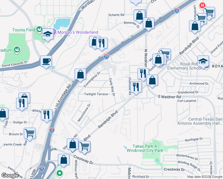 map of restaurants, bars, coffee shops, grocery stores, and more near 202 Early Way Drive in San Antonio