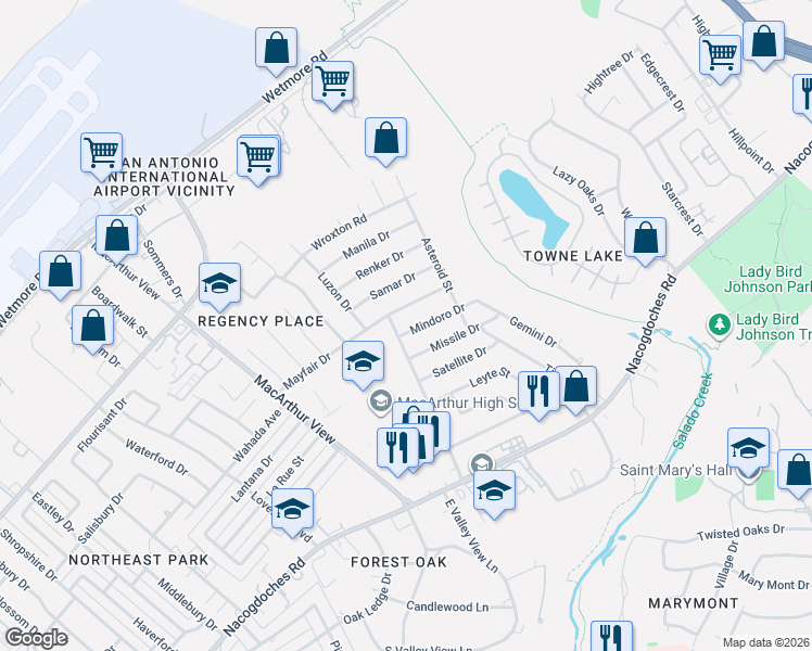 map of restaurants, bars, coffee shops, grocery stores, and more near 3110 Mindoro Drive in San Antonio