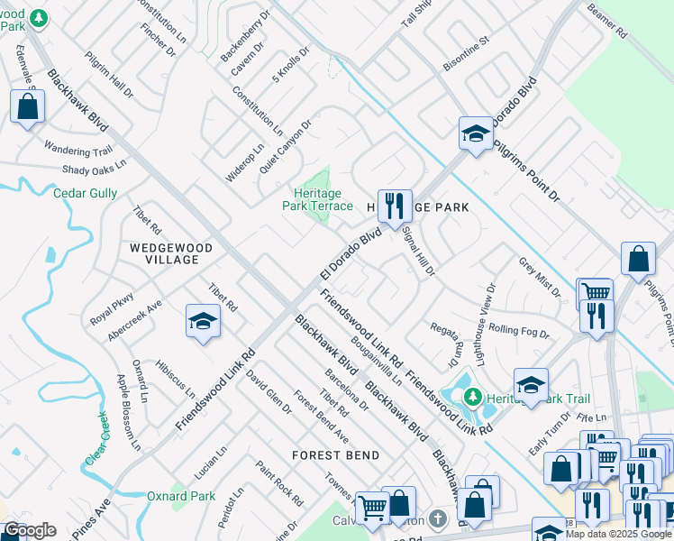 map of restaurants, bars, coffee shops, grocery stores, and more near 16922 Echo Harbor in Friendswood