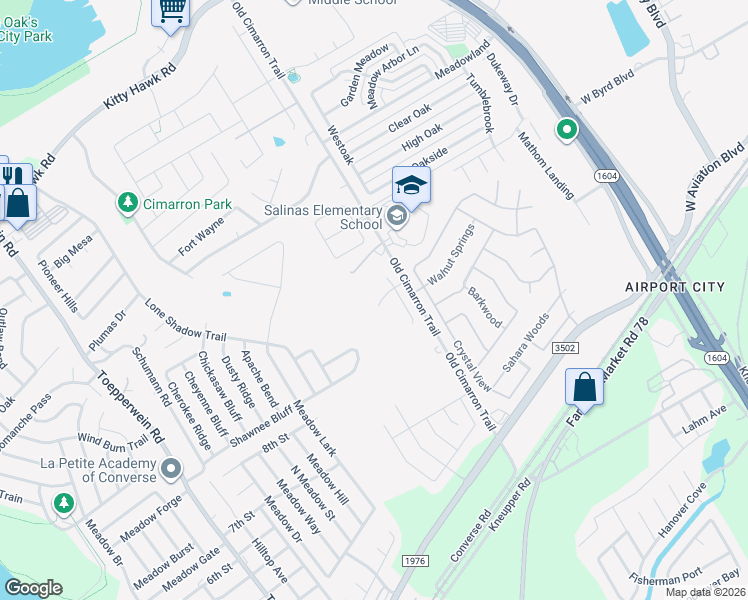 map of restaurants, bars, coffee shops, grocery stores, and more near 8802 Adolph Scheel Way in Converse