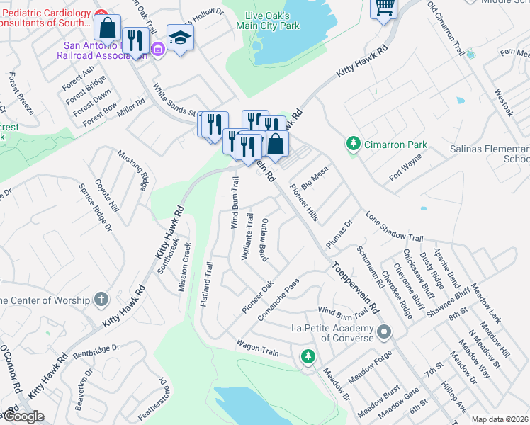map of restaurants, bars, coffee shops, grocery stores, and more near 10307 Margarita Hill in Converse