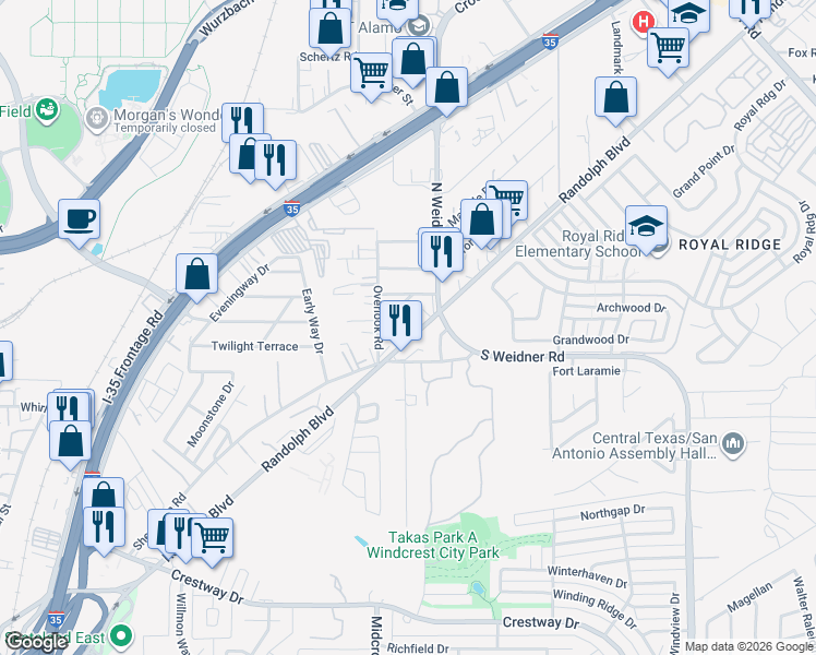 map of restaurants, bars, coffee shops, grocery stores, and more near 5534 Randolph Boulevard in San Antonio