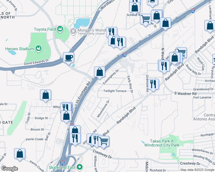 map of restaurants, bars, coffee shops, grocery stores, and more near 115 Twilight Terrace in San Antonio