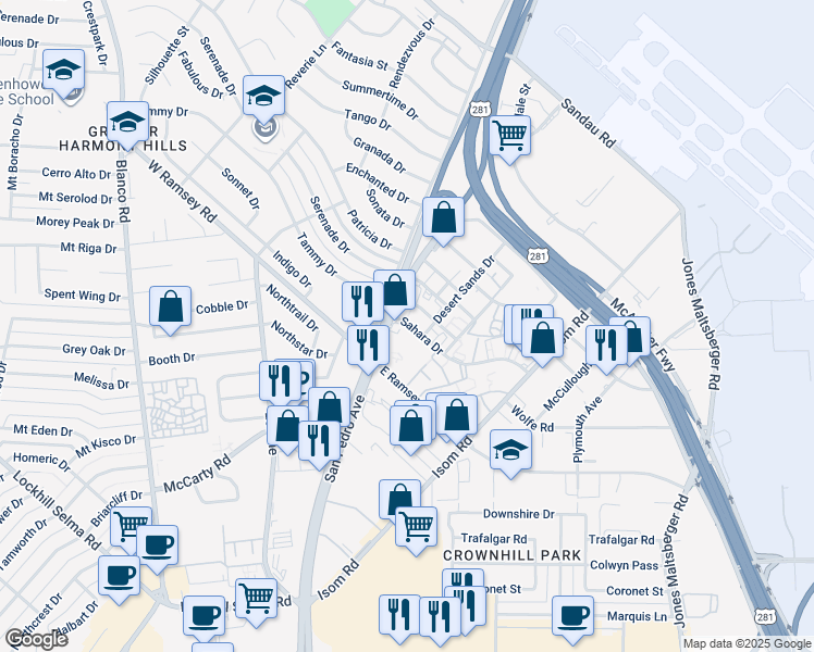 map of restaurants, bars, coffee shops, grocery stores, and more near 10000 San Pedro Avenue in San Antonio