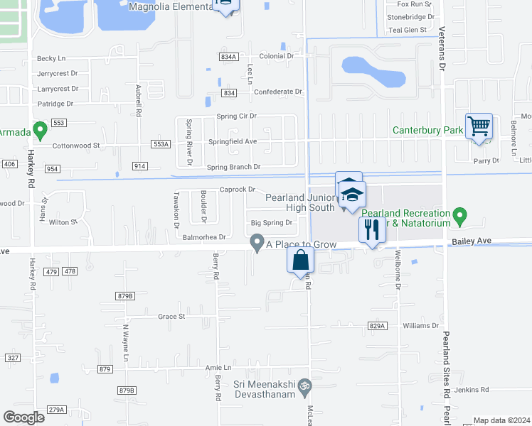 map of restaurants, bars, coffee shops, grocery stores, and more near 5108 Lockhart Drive in Pearland