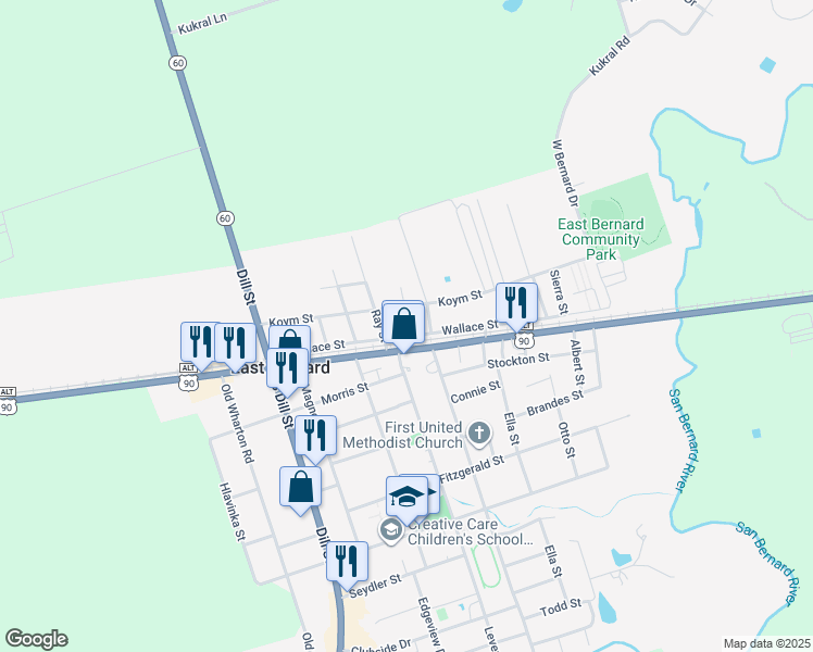 map of restaurants, bars, coffee shops, grocery stores, and more near 626 Wallace Street in East Bernard