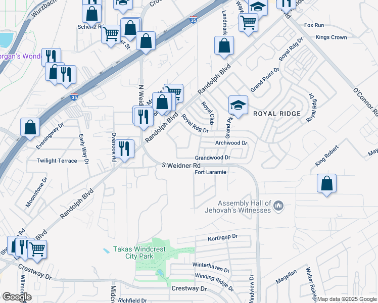 map of restaurants, bars, coffee shops, grocery stores, and more near 5726 Grosmont Court in San Antonio