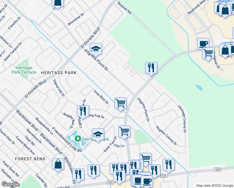 map of restaurants, bars, coffee shops, grocery stores, and more near 2543 Cobblers Way in Friendswood