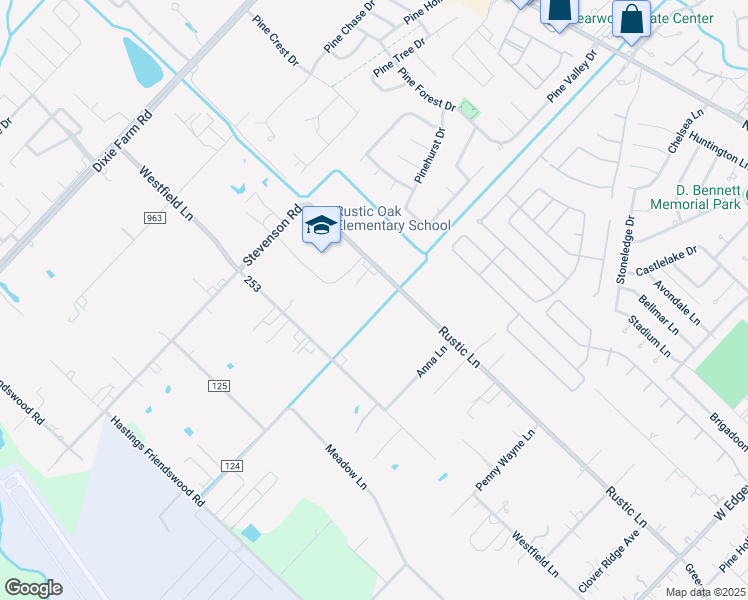 map of restaurants, bars, coffee shops, grocery stores, and more near 604 Rustic Lane in Friendswood