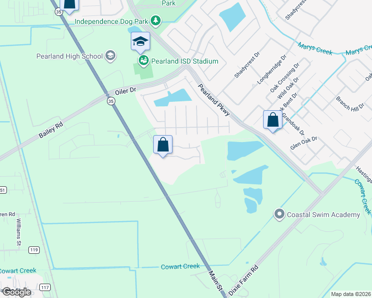 map of restaurants, bars, coffee shops, grocery stores, and more near 4055 Village Drive in Pearland