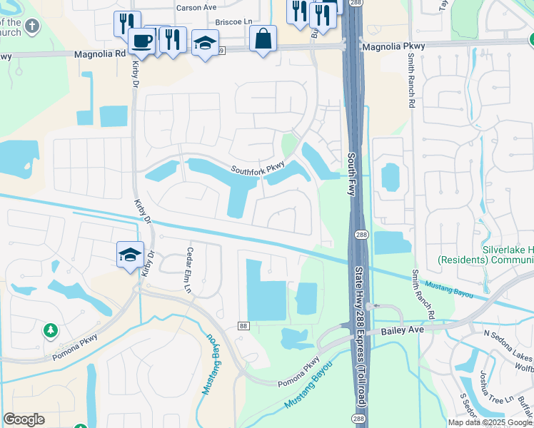 map of restaurants, bars, coffee shops, grocery stores, and more near 3111 Hereford Circle in Manvel