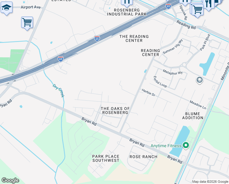 map of restaurants, bars, coffee shops, grocery stores, and more near 2408 Ace Court in Rosenberg