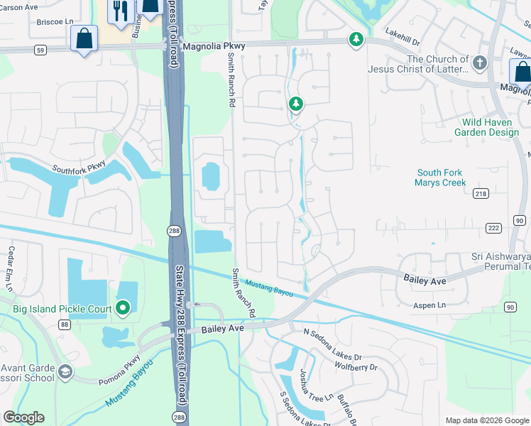 map of restaurants, bars, coffee shops, grocery stores, and more near 3610 Castle Falls Drive in Manvel