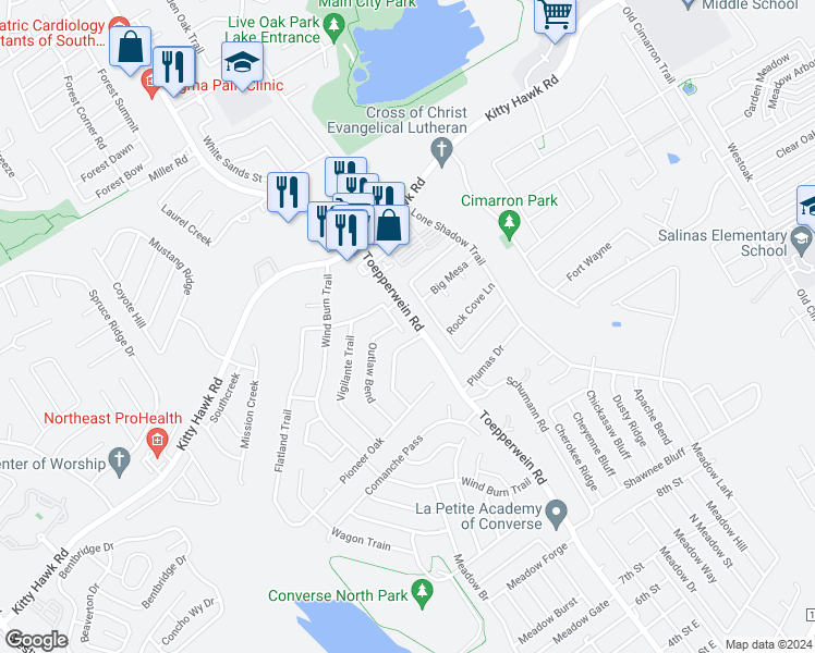 map of restaurants, bars, coffee shops, grocery stores, and more near 10410 Shallow Crossing in Converse