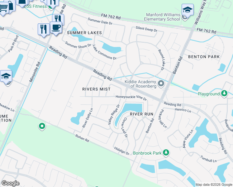 map of restaurants, bars, coffee shops, grocery stores, and more near 326 Honeysuckle Vine Drive in Rosenberg