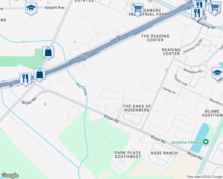 map of restaurants, bars, coffee shops, grocery stores, and more near 5303 Stoneridge Court in Rosenberg