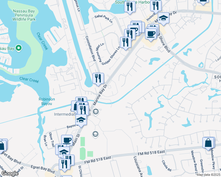 map of restaurants, bars, coffee shops, grocery stores, and more near 2551 Marina Bay Drive in League City