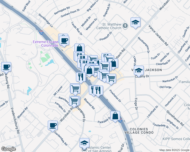 map of restaurants, bars, coffee shops, grocery stores, and more near 9859 Interstate 10 in San Antonio