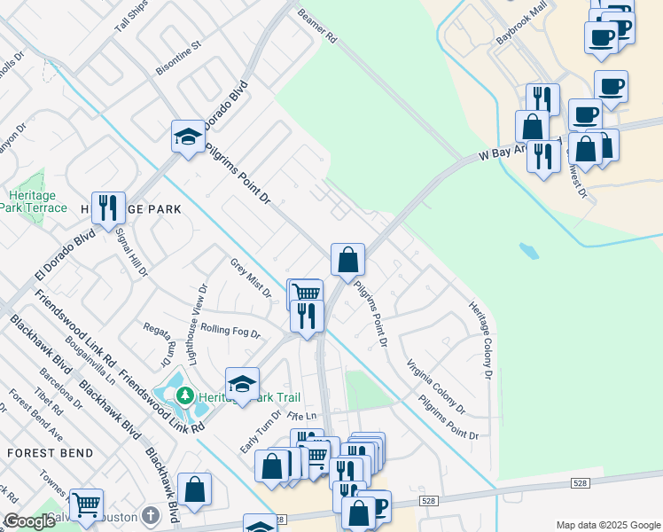 map of restaurants, bars, coffee shops, grocery stores, and more near 15 Bay Area Boulevard in Webster