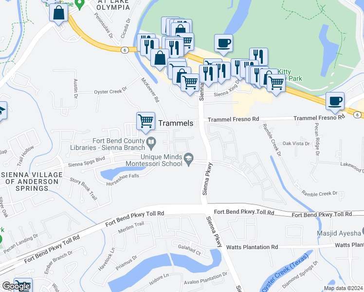map of restaurants, bars, coffee shops, grocery stores, and more near 8585 Sienna Springs Boulevard in Missouri City