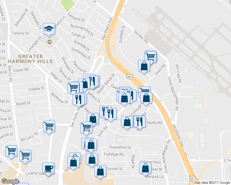 map of restaurants, bars, coffee shops, grocery stores, and more near 10363 Sahara Street in San Antonio
