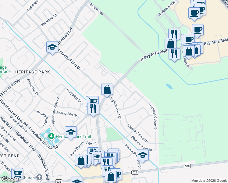 map of restaurants, bars, coffee shops, grocery stores, and more near 2323 West Bay Area Boulevard in Webster