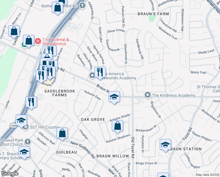 map of restaurants, bars, coffee shops, grocery stores, and more near 9599 Braun Road in San Antonio
