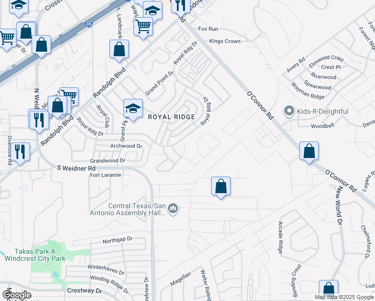 map of restaurants, bars, coffee shops, grocery stores, and more near 6043 Royal Ridge in San Antonio
