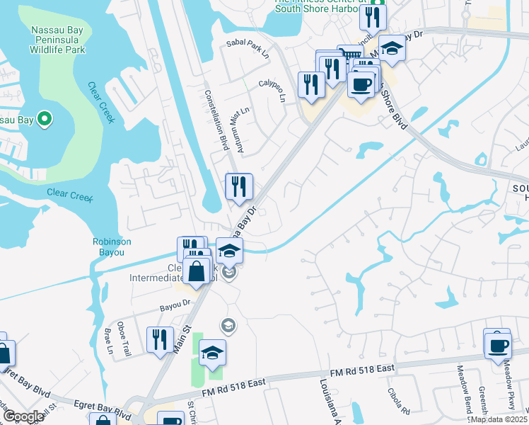 map of restaurants, bars, coffee shops, grocery stores, and more near 2605 Marina Bay Drive in League City