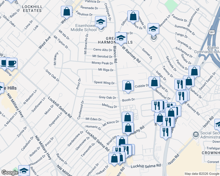 map of restaurants, bars, coffee shops, grocery stores, and more near 1000 Spent Wing Drive in San Antonio