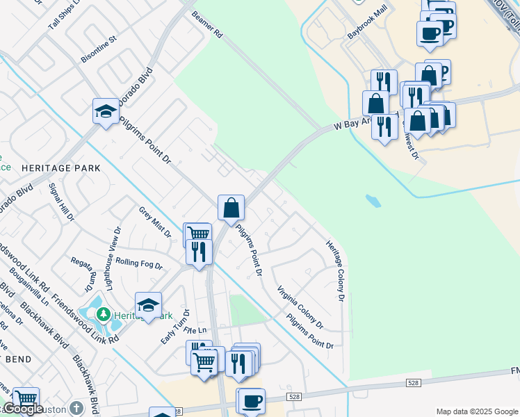 map of restaurants, bars, coffee shops, grocery stores, and more near 17 Bay Area Boulevard in Webster