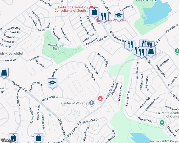 map of restaurants, bars, coffee shops, grocery stores, and more near 10411 Coyote Hill in Converse