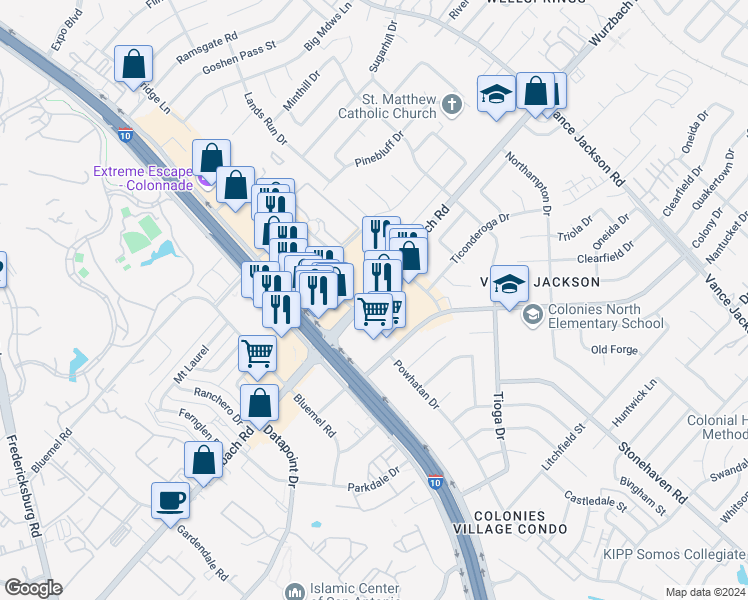 map of restaurants, bars, coffee shops, grocery stores, and more near 10057 Wurzbach Road in San Antonio